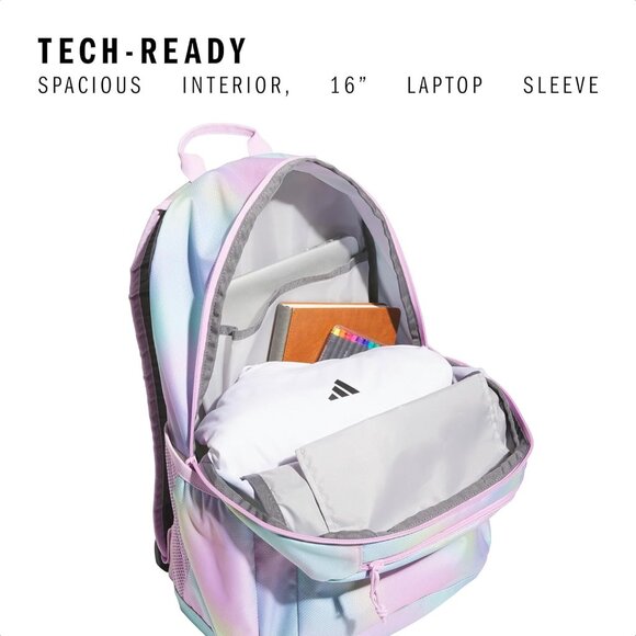Adidas 16" Tech-Ready Pastel Tie-Dye Backpack w/ Laptop Sleeve School Travel Bag - Picture 2 of 6